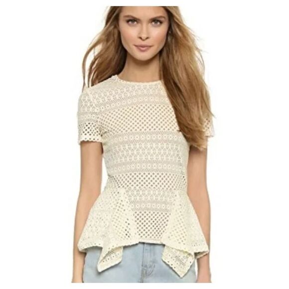 BCBGmaxazria Revolve Cream Lace Eyelet Peplum Vicktoria Top Women's L EUC - Picture 1 of 16